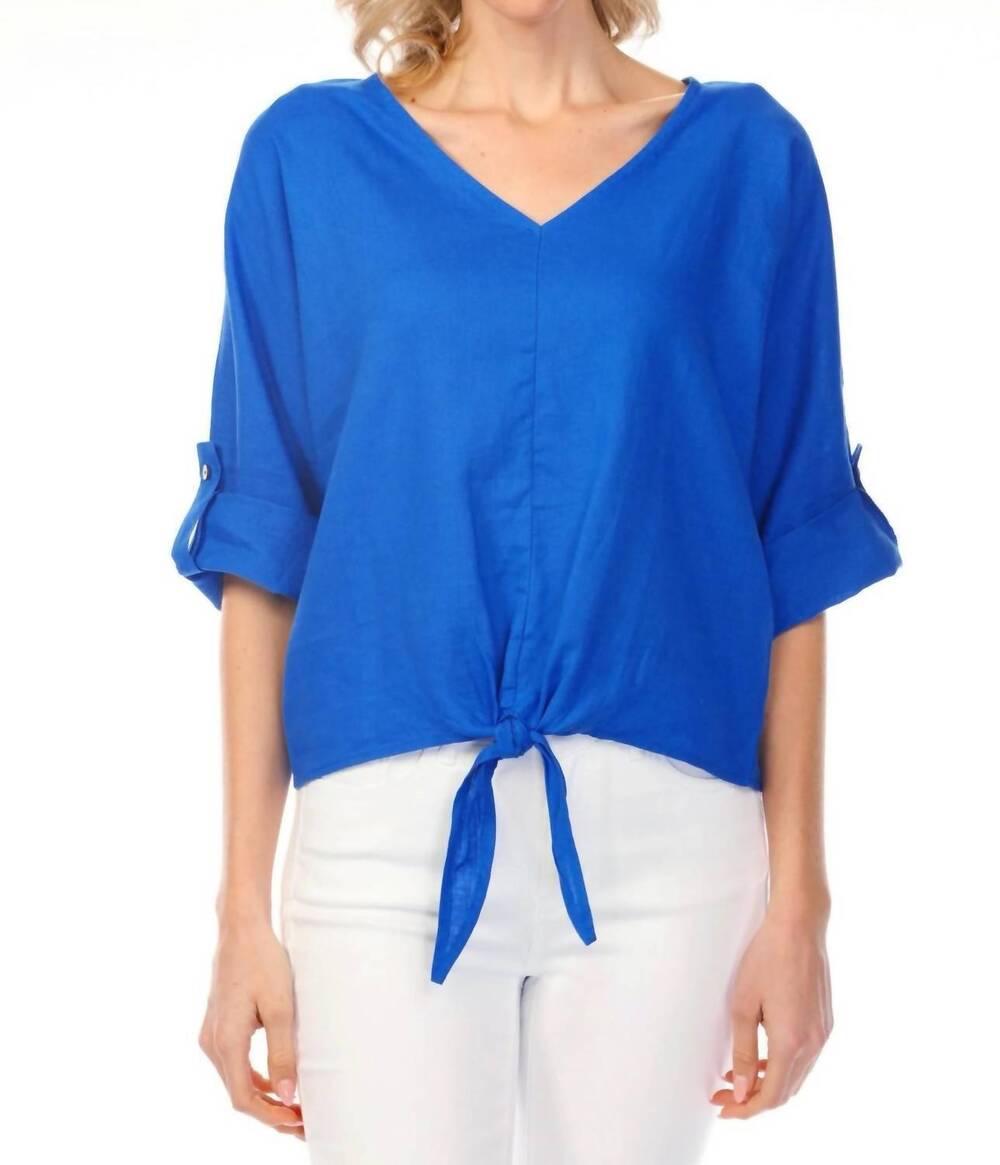 NEW CHARLIE B roll-up sleeve front tie top in coastal
